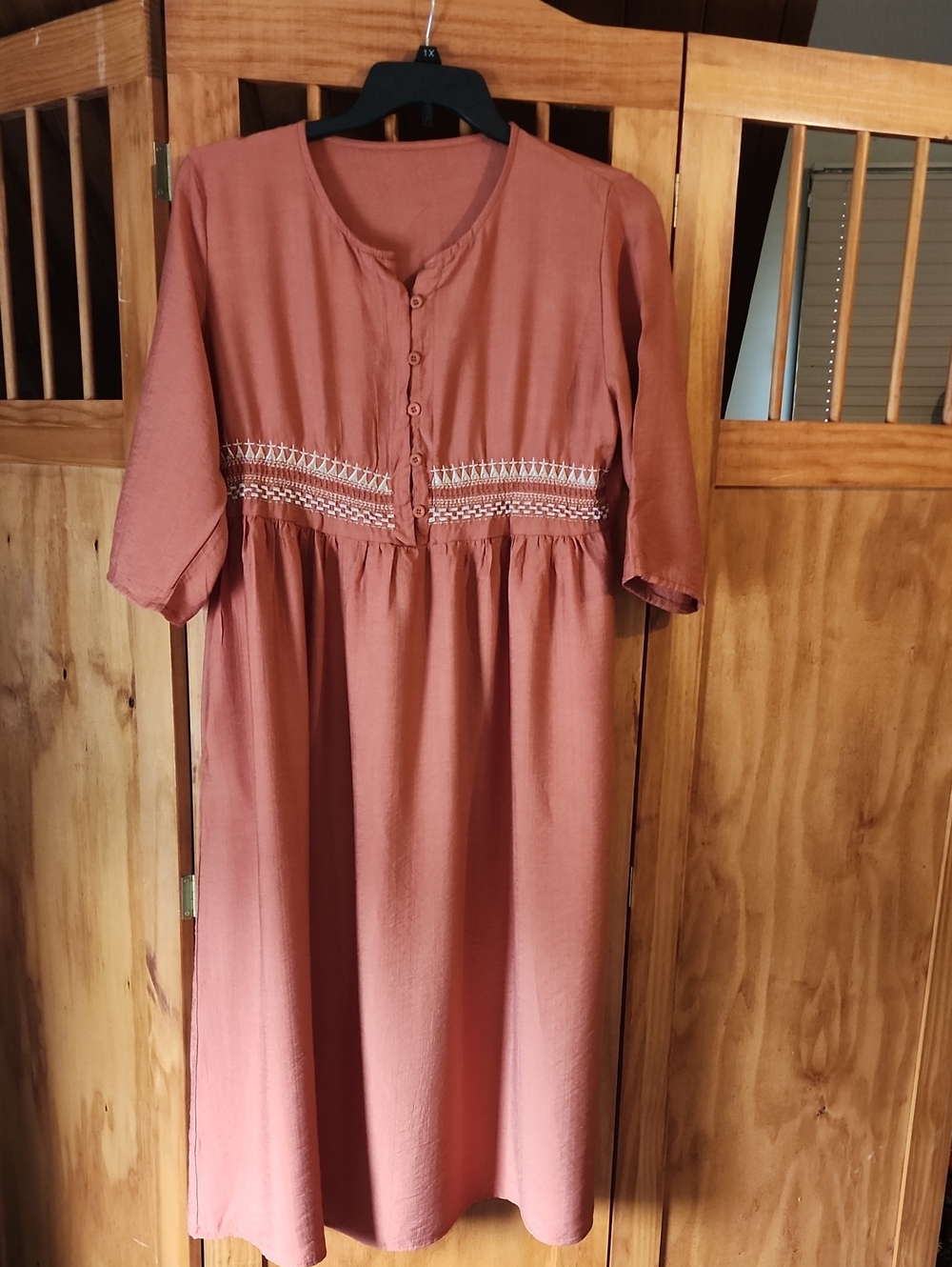 Rust Button-Front Maxi Dress with Embroidered Waist